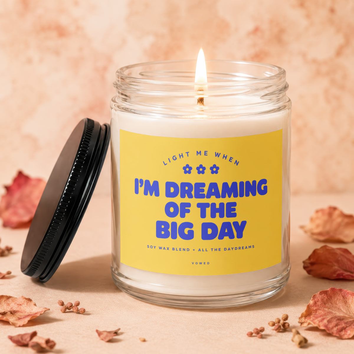 Glass candle with yellow label reading "I'm Dreaming of the Big Day".