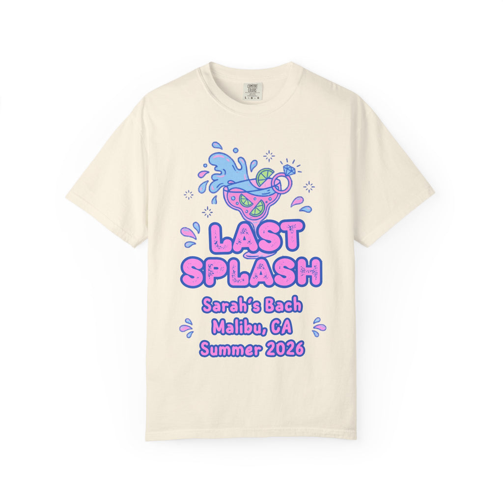 Cream t-shirt with "Last Splash" cocktail design for Sarah's Bach.