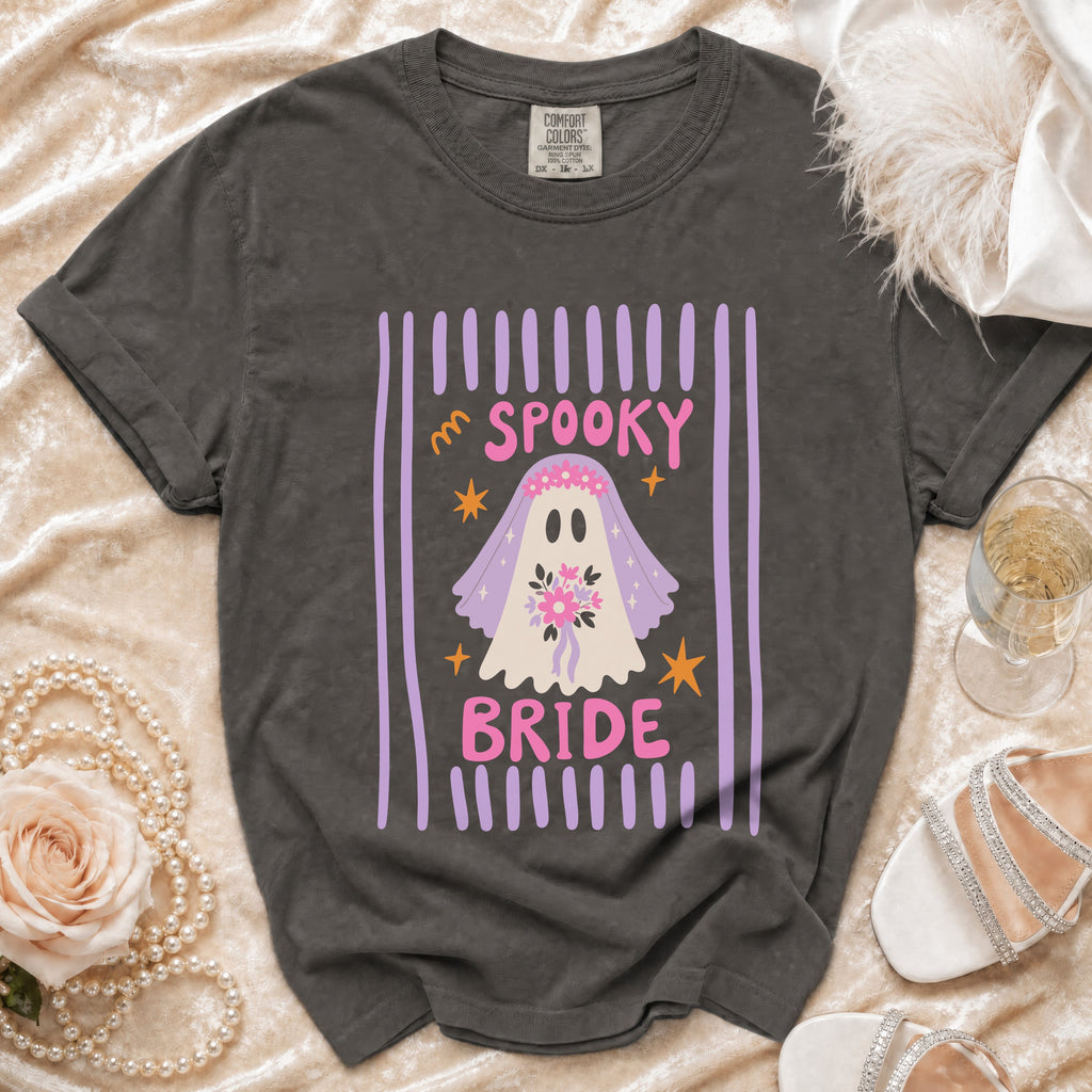 Gray t-shirt with a spooky bride ghost graphic and text.