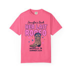 Pink t-shirt with "Jennifer's Bach Her Last Rodeo Nashville TN Summer 2026" text and cowboy boot.