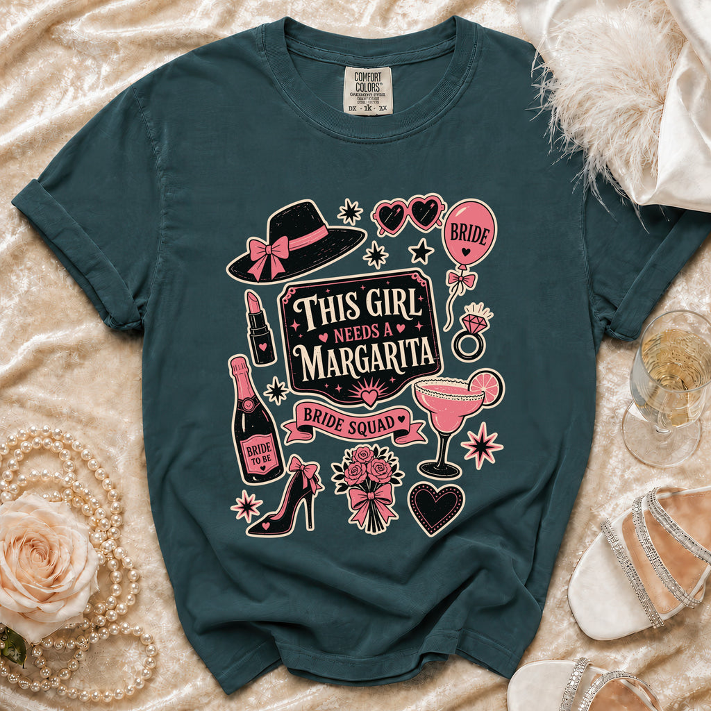 Teal t-shirt with graphic design of "This girl needs a margarita" and bridal party icons.