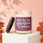 Candle with "Here for the gay agenda (a wedding)" text and "vowed" label.
