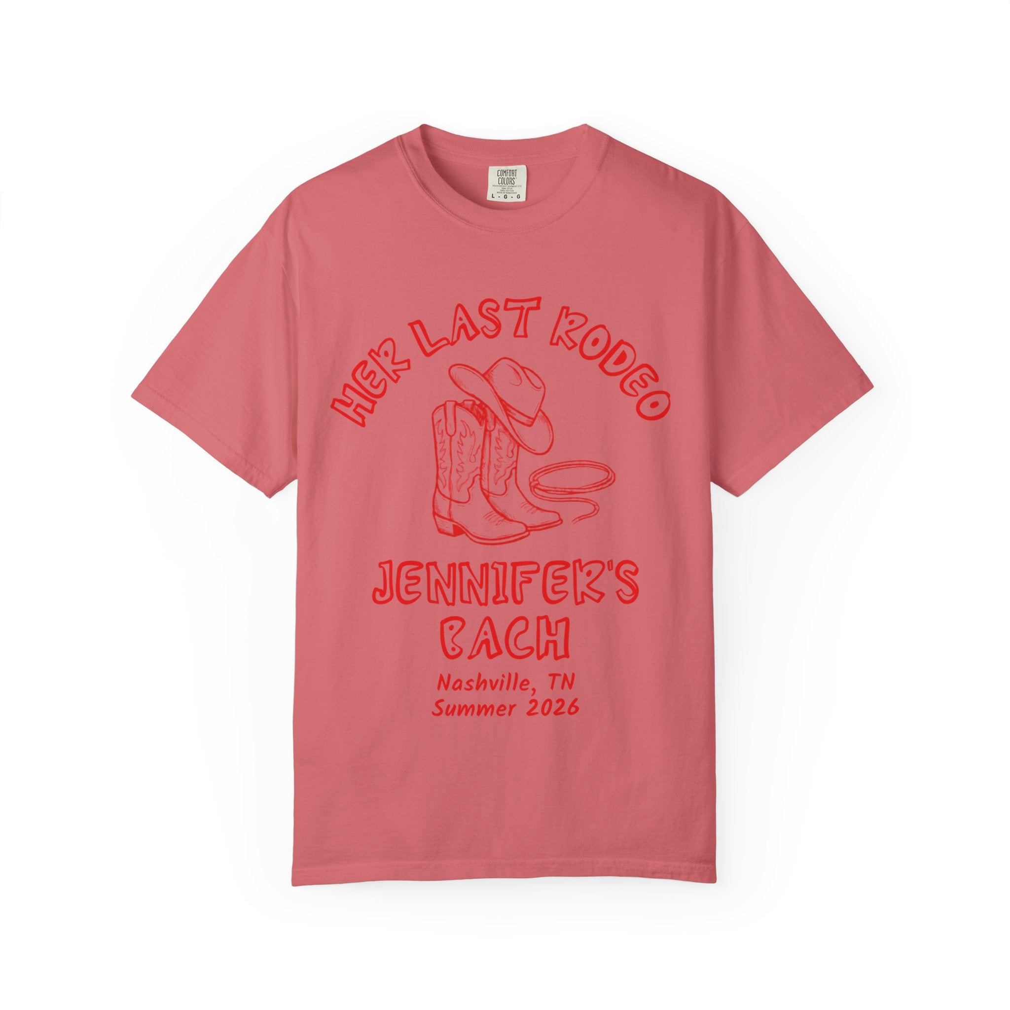 Comfort Colors t-shirt with "Her Last Rodeo" design and Nashville text.