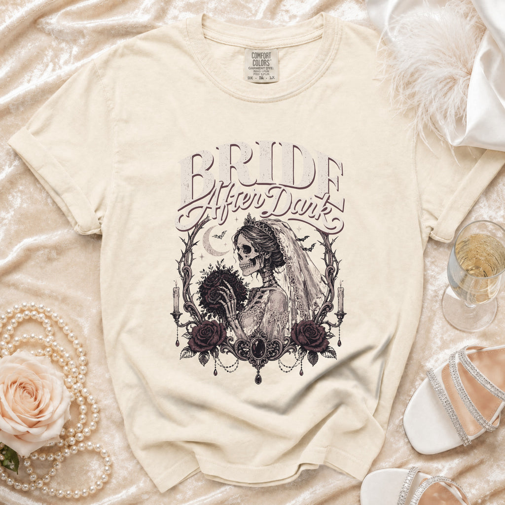 T-shirt with skeleton bride graphic, "Bride After Dark" text, and gothic wedding details.