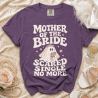 Purple t-shirt with "Mother of the Bride Scared Single No More" text and ghost graphic.