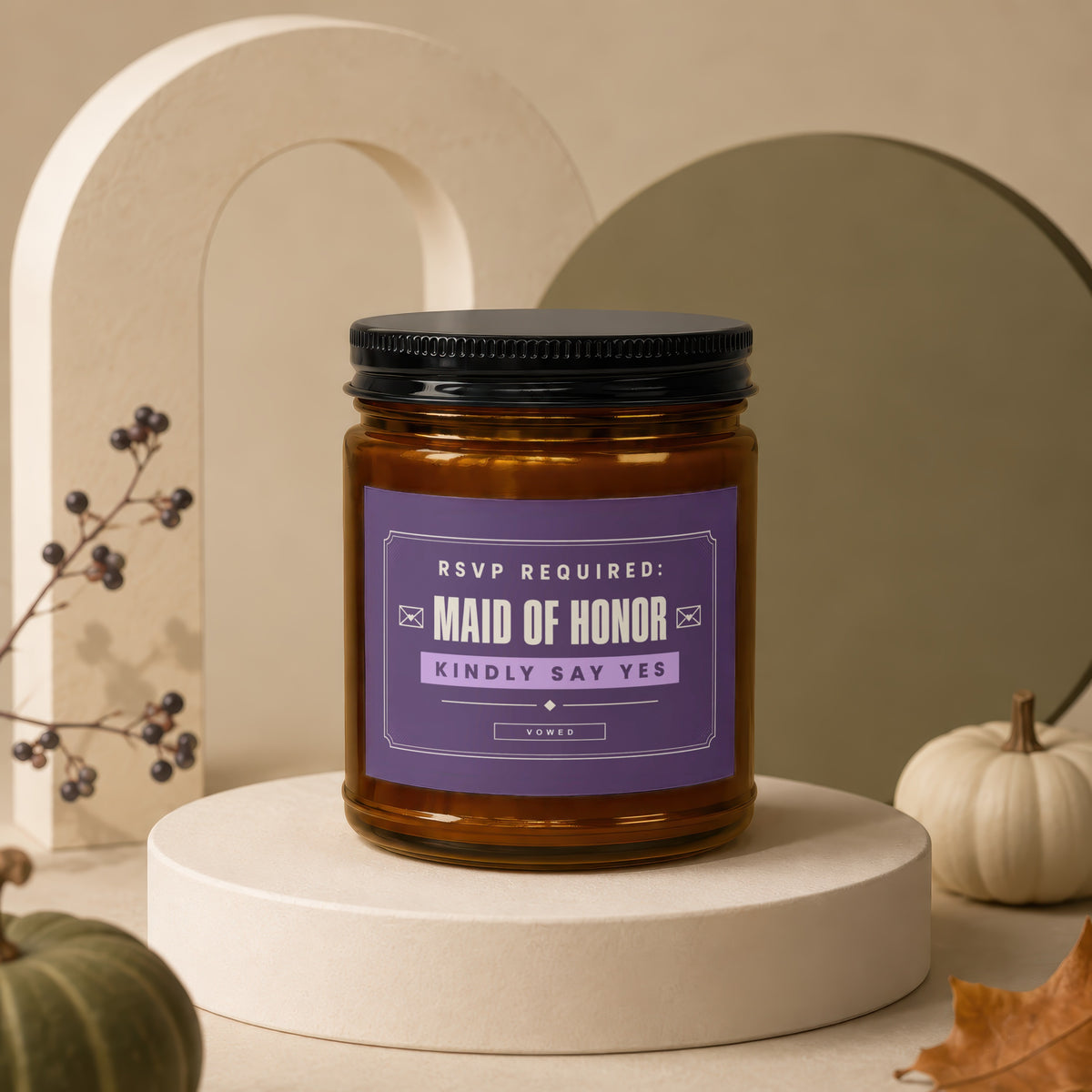 Amber jar candle with "Maid of Honor Kindly Say Yes" text on a purple label.