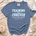 Blue t-shirt with "TRAINING FOR FOREVER BRIDE TO BE" text and ring graphic.