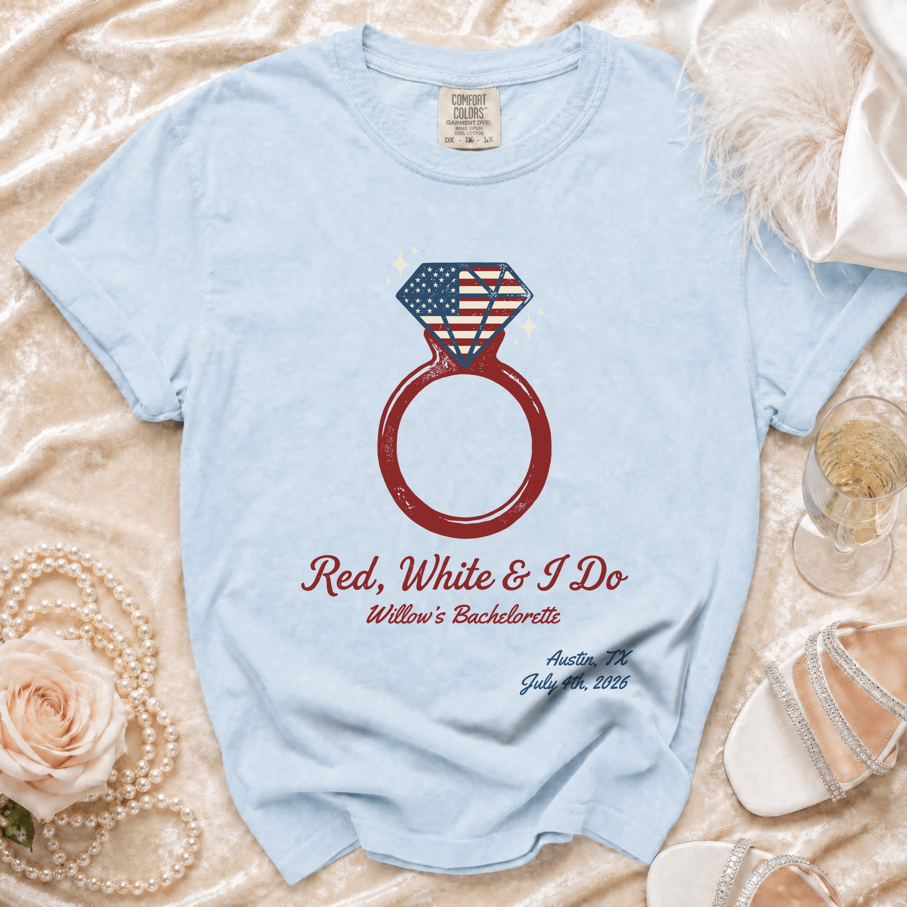 Blue t-shirt with "Red, White & I Do Willow's Bachelorette" text and patriotic ring graphic.