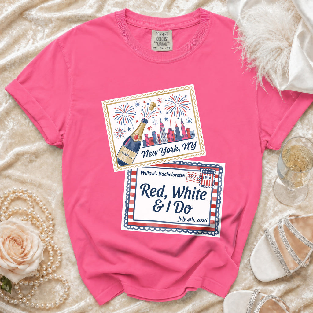 Pink t-shirt with "Willow's Bachelorette Red, White & I Do July 4th, 2026" graphic.
