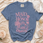 Blue t-shirt with pink text and graphics saying "Maid of Honor Obviously".