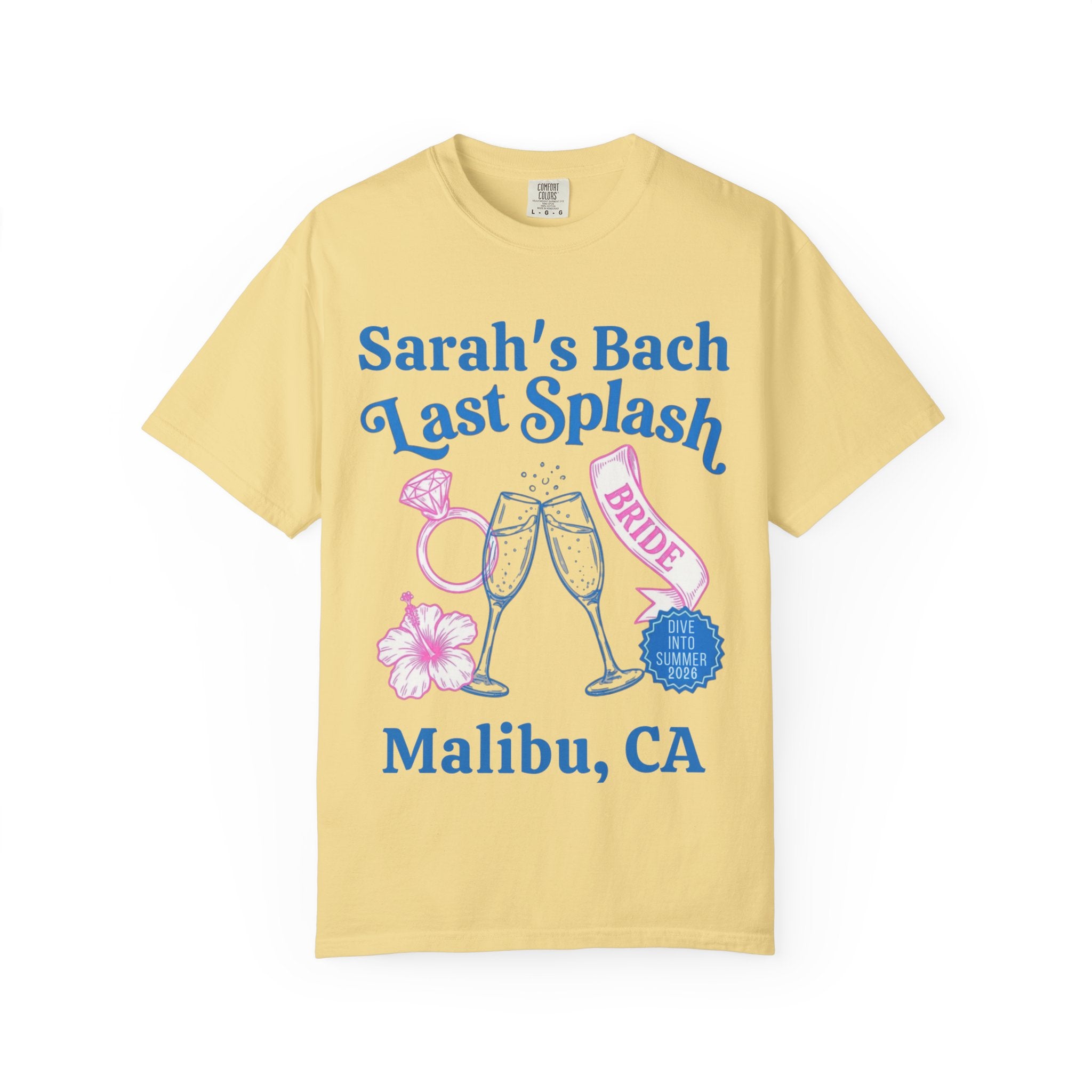 Yellow t-shirt with "Sarah's Bach Last Splash" and bride graphic.