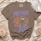 Brown t-shirt with "Mother of the Bride" text, ghost, flowers, and martini.