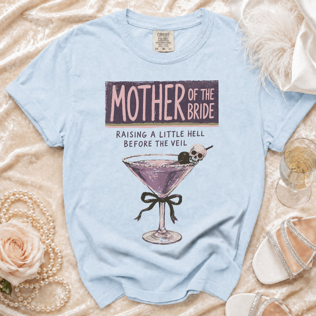 Light blue t-shirt with "Mother of the Bride" graphic and martini glass.