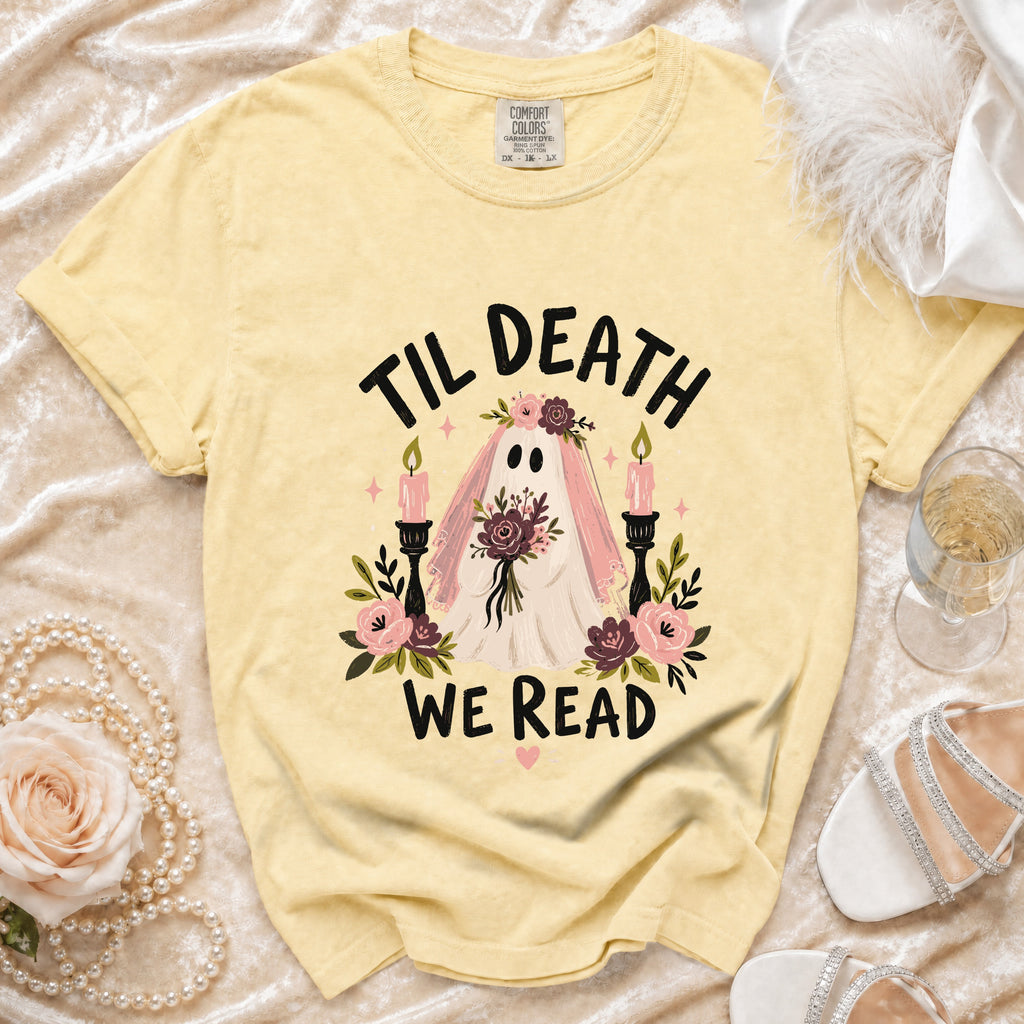 Yellow t-shirt with "Til Death We Read" text and ghost graphic.