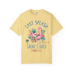 Yellow t-shirt with "Last Splash Sarah's Bach Malibu, CA Summer 2026" and flamingo graphic.