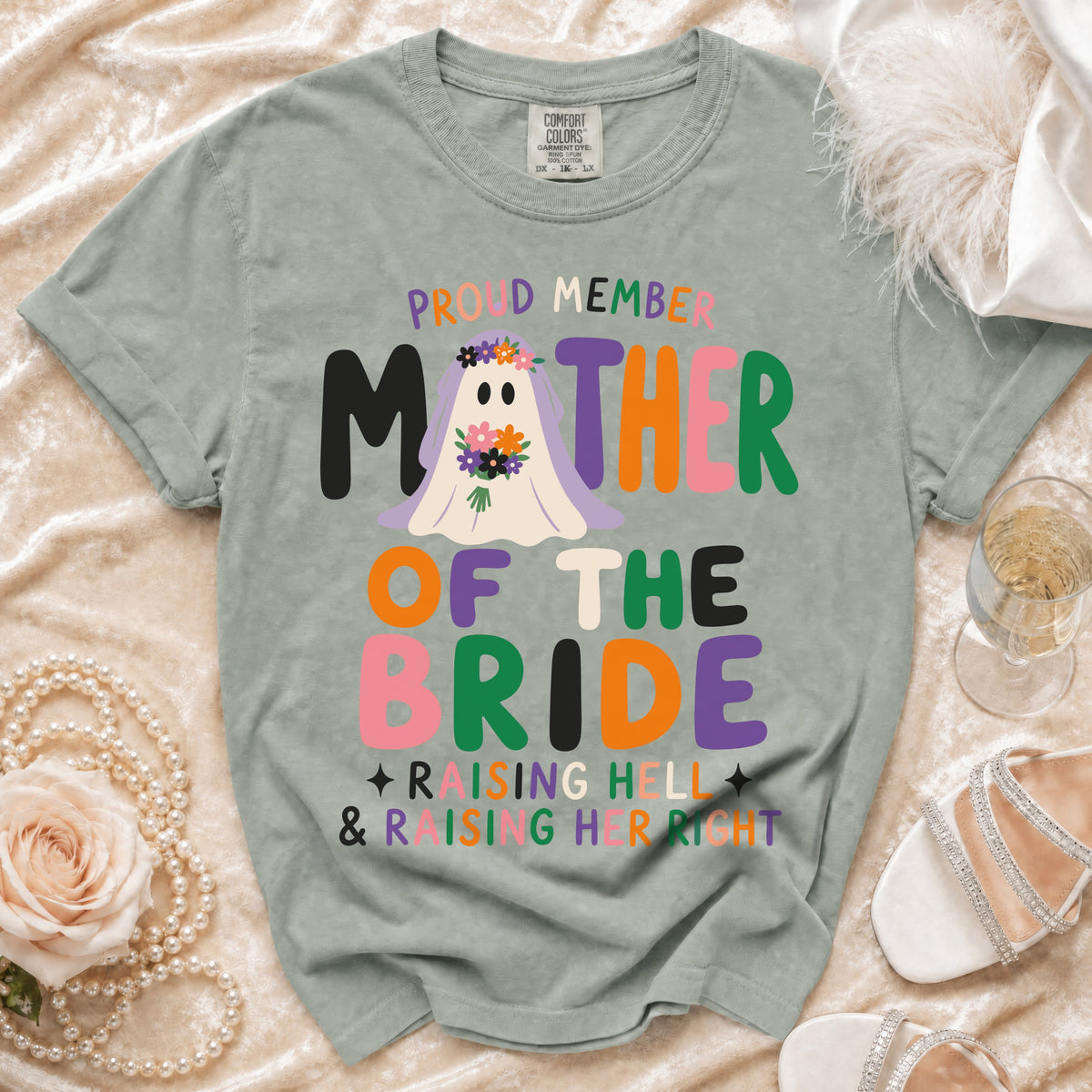 Proud member Mother of the Bride shirt with ghost graphic.