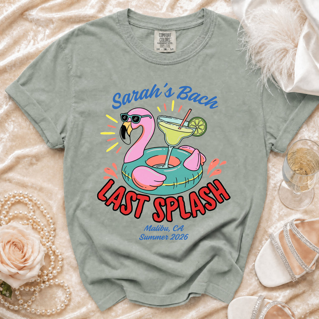 T-shirt with "Sarah's Bach LAST SPLASH Malibu, CA Summer 2026" text.