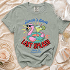 T-shirt with "Sarah's Bach LAST SPLASH Malibu, CA Summer 2026" text.