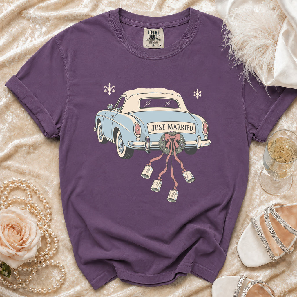 Purple t-shirt with a vintage convertible car graphic that says "JUST MARRIED".