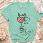 Aqua t-shirt with "Wifey Wants a Spritz" graphic featuring a cocktail and ring.