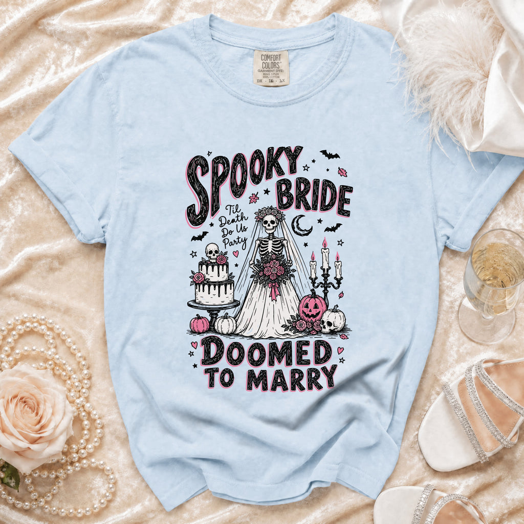 Light blue t-shirt with "Spooky Bride 'Til Death Do Us Party Doomed to Marry" graphic.
