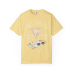 Yellow t-shirt with "Last Splash Bride-to-be Sarah's Bach Malibu CA Summer 2026" graphic.
