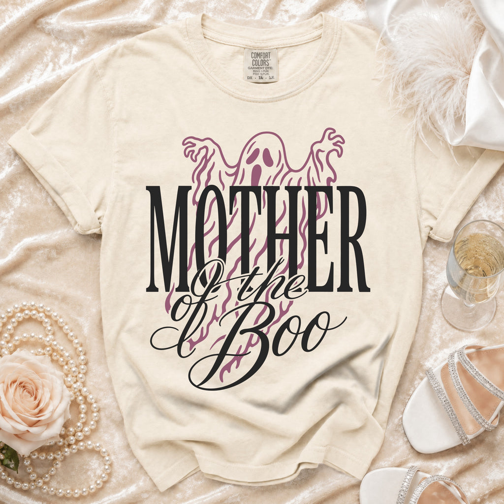 Cream t-shirt with ghost graphic and "Mother of the Boo" text.
