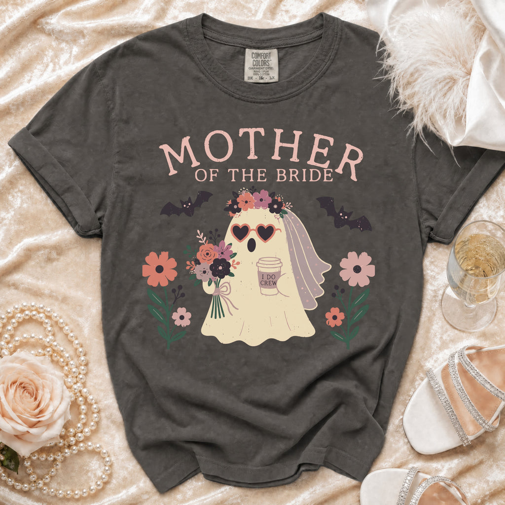 Dark gray t-shirt with "MOTHER OF THE BRIDE" and a ghost holding a coffee cup.