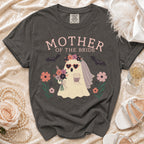 Dark gray t-shirt with "MOTHER OF THE BRIDE" and a ghost holding a coffee cup.