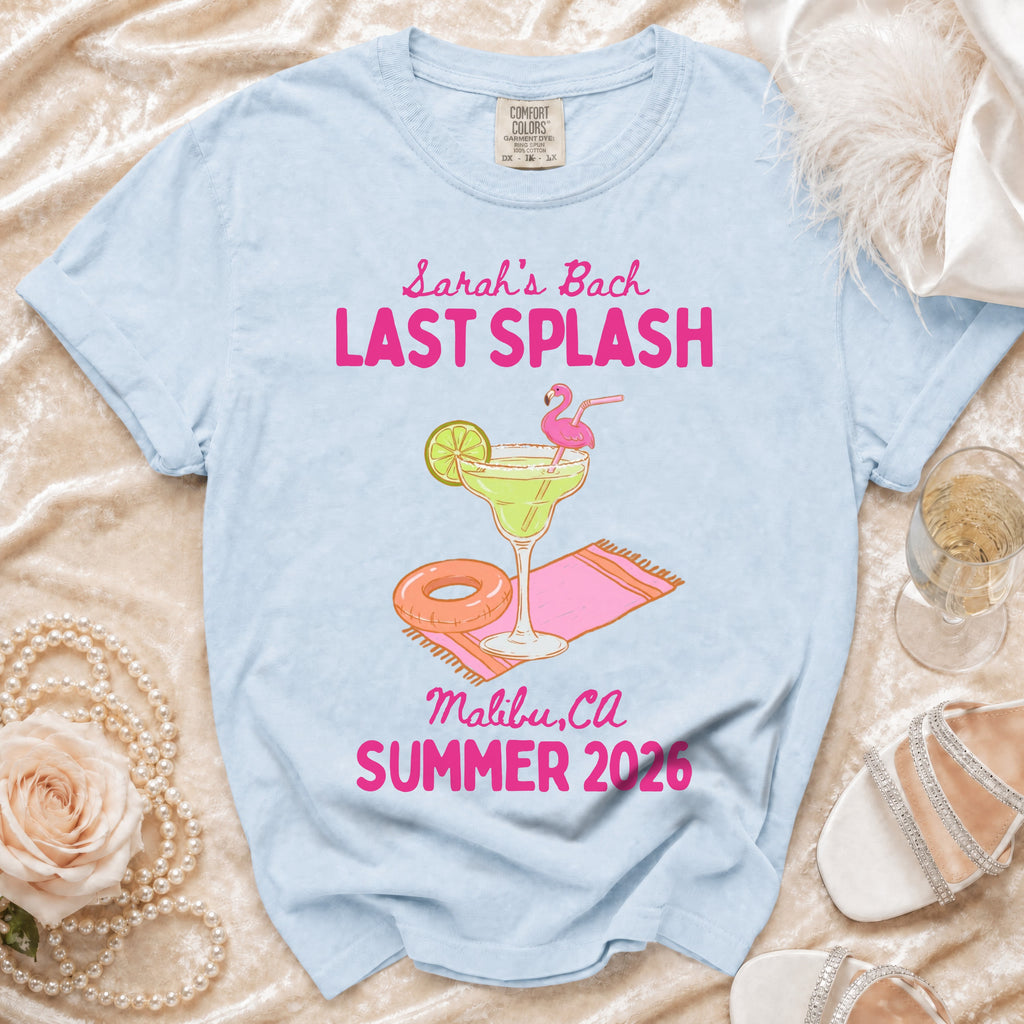 Light blue t-shirt with "Sarah's Bach Last Splash" and margarita graphic.