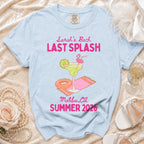 Light blue t-shirt with "Sarah's Bach Last Splash" and margarita graphic.