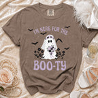 Brown t-shirt with ghost graphic saying "I'm here for the boo-ty"