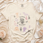 Cream t-shirt with "Til Death Do Us Party" text and Halloween wedding themed graphics.