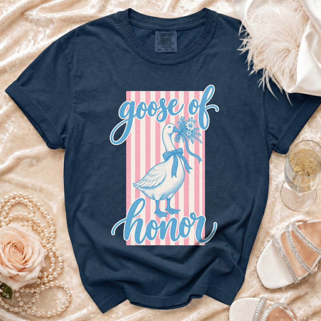 Navy t-shirt with "goose of honor" text and a goose illustration.