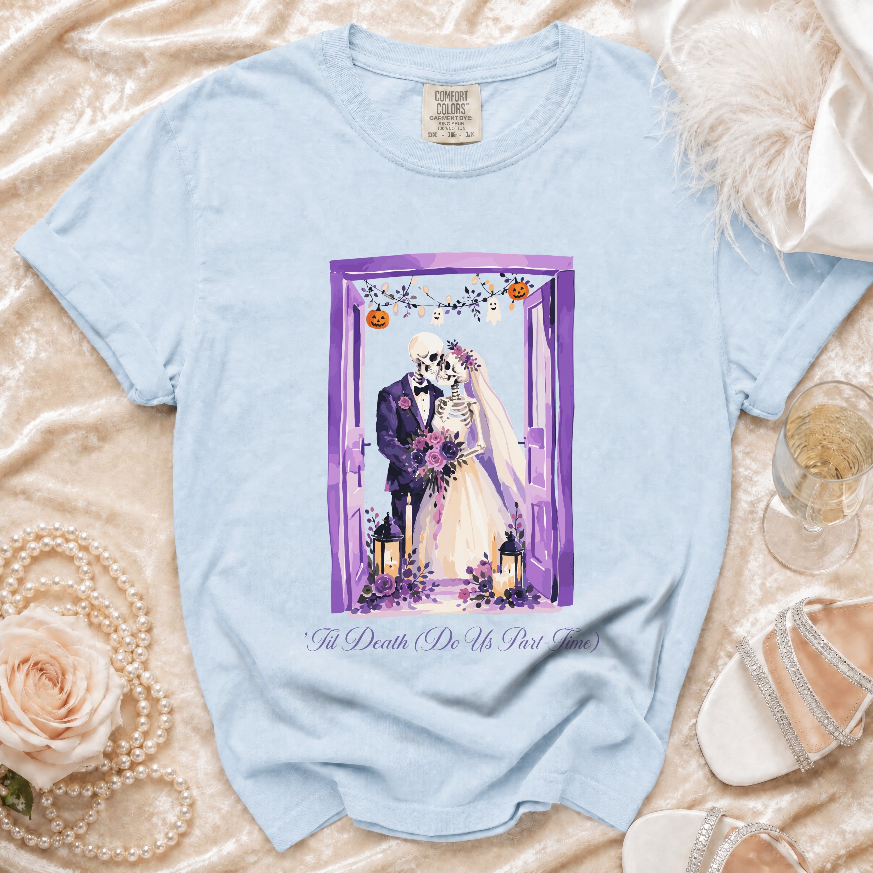 Light blue t-shirt with skeleton bride and groom graphic and text 'Til Death (Do Us Part-Time).