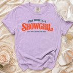 Lavender t-shirt with "This Bride is a Showgirl" and "Last Dance Before the Aisle" text.