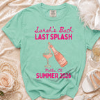 Mint green t-shirt with "Sarah's Bach LAST SPLASH" and "Malibu, Ca SUMMER 2026" in pink.