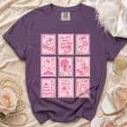 Purple t-shirt with nine pink, postage-stamp-style illustrations of bridal party themes.