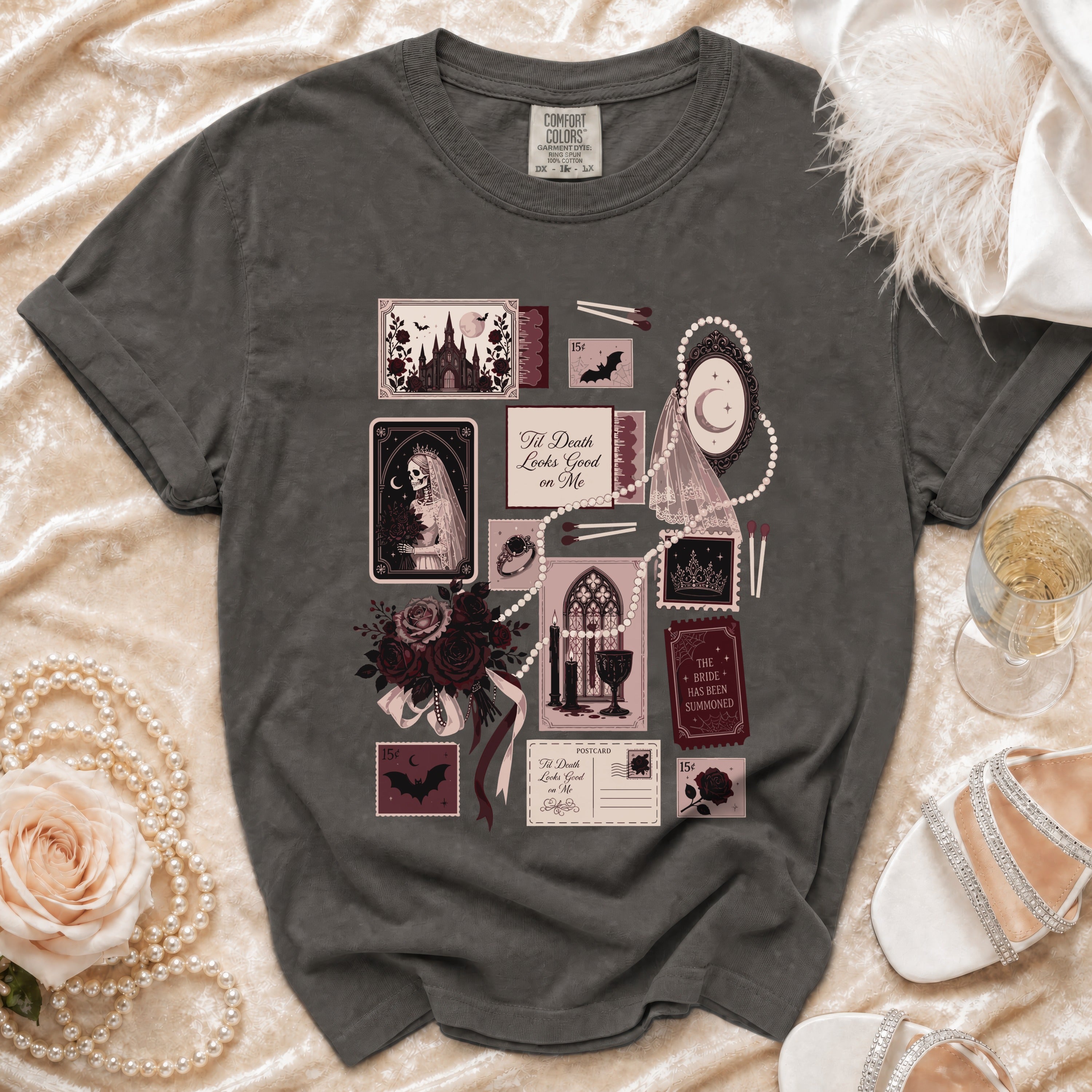 Dark gray t-shirt with gothic wedding collage print and "Til Death Looks Good on Me."
