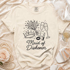 Cream t-shirt with "Maid of Dishonor" text and wedding graphics.