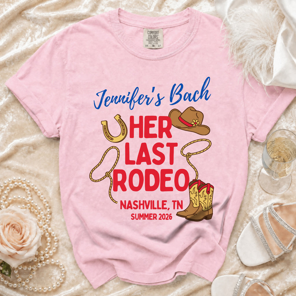 Pink t-shirt with "Jennifer's Bach Her Last Rodeo" text and western graphics.