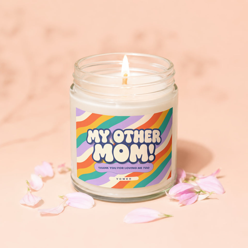 Candle with "My Other Mom!" text and colorful wavy pattern.