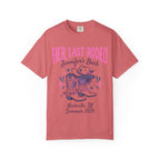 T-shirt with "Her Last Rodeo" and cowboy boots design.