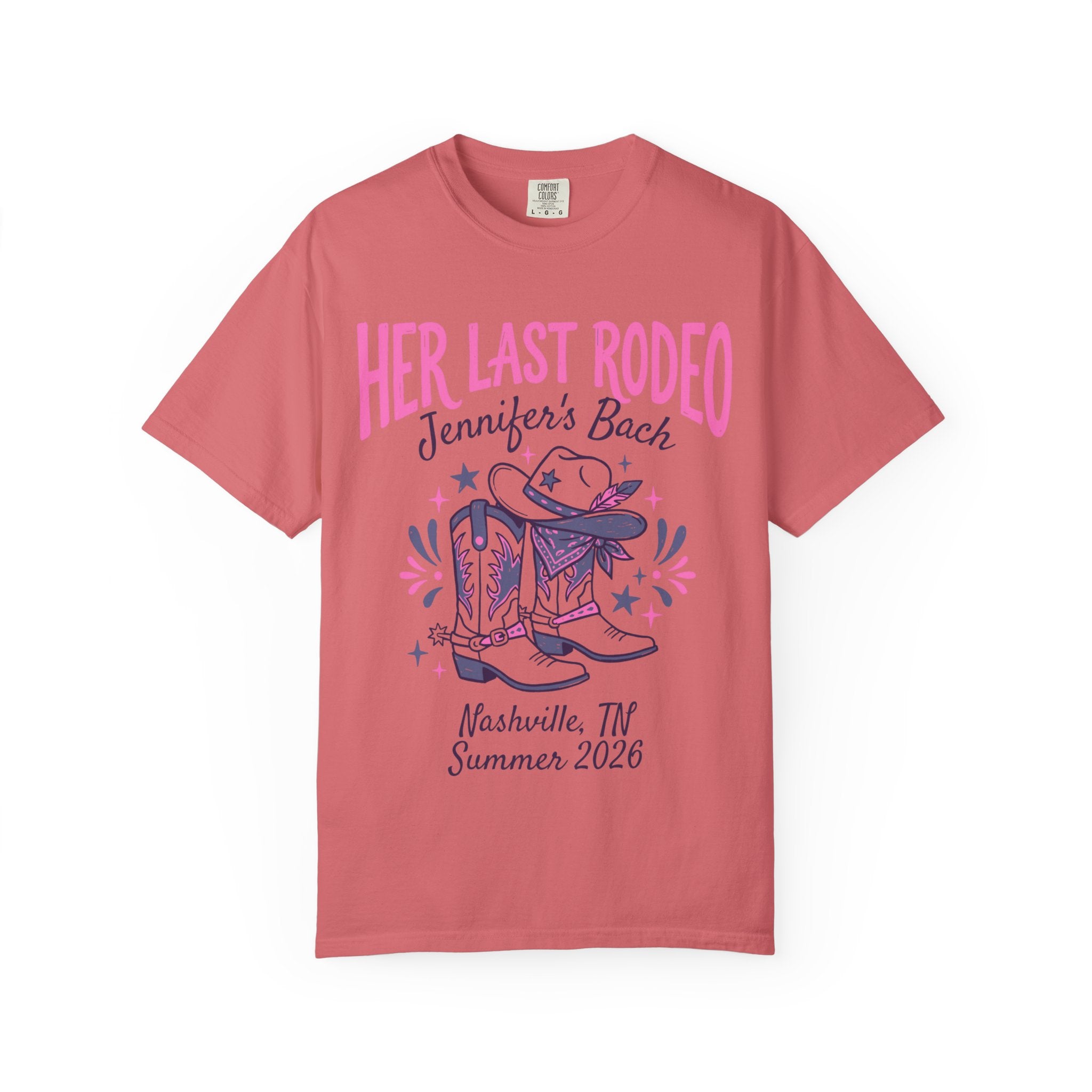 T-shirt with "Her Last Rodeo" and cowboy boots design.
