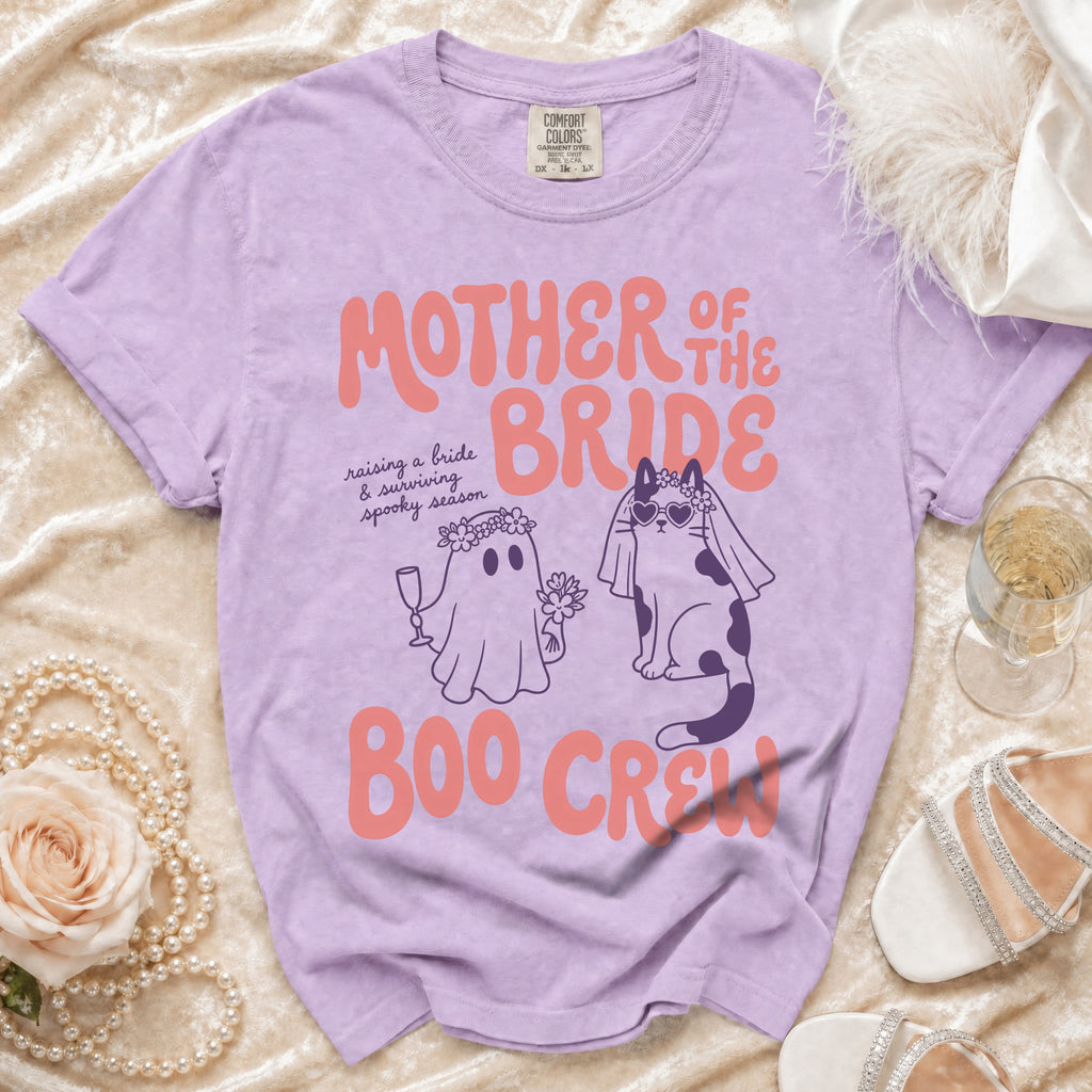 Lavender t-shirt with "Mother of the Bride" and "Boo Crew" text, ghost, and cat graphics.