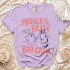 Lavender t-shirt with "Mother of the Bride" and "Boo Crew" text, ghost, and cat graphics.