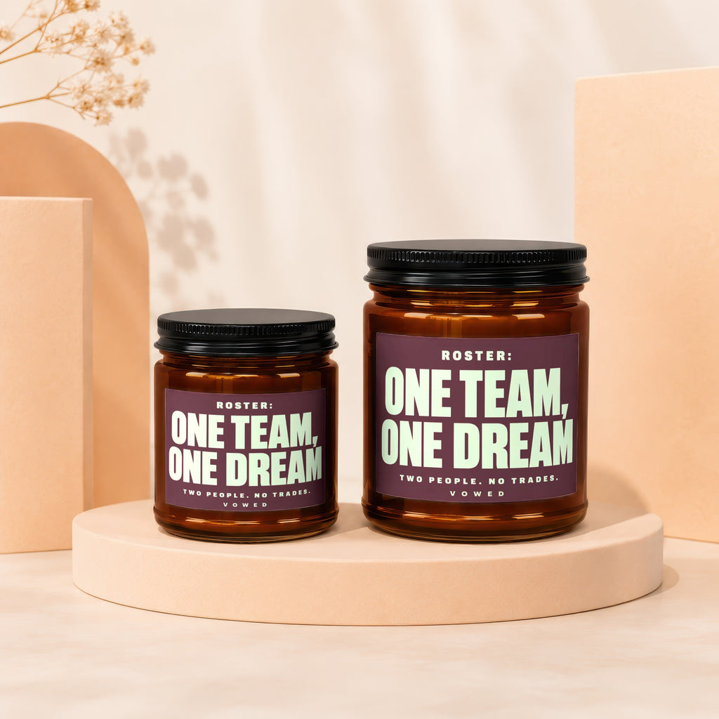 Two amber jars with black lids, labels read "ROSTER: ONE TEAM, ONE DREAM"