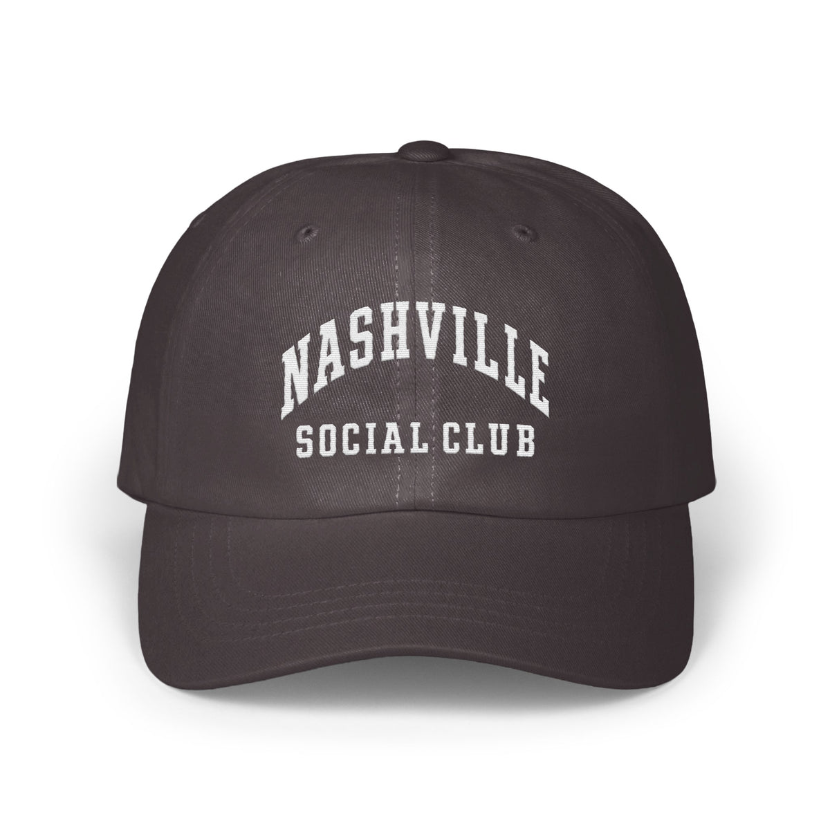 Dark grey baseball cap with white embroidered text reading Nashville Social Club centered on the front.