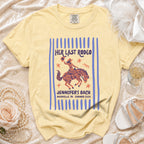 Yellow t-shirt with "Her Last Rodeo" and bachelorette details.