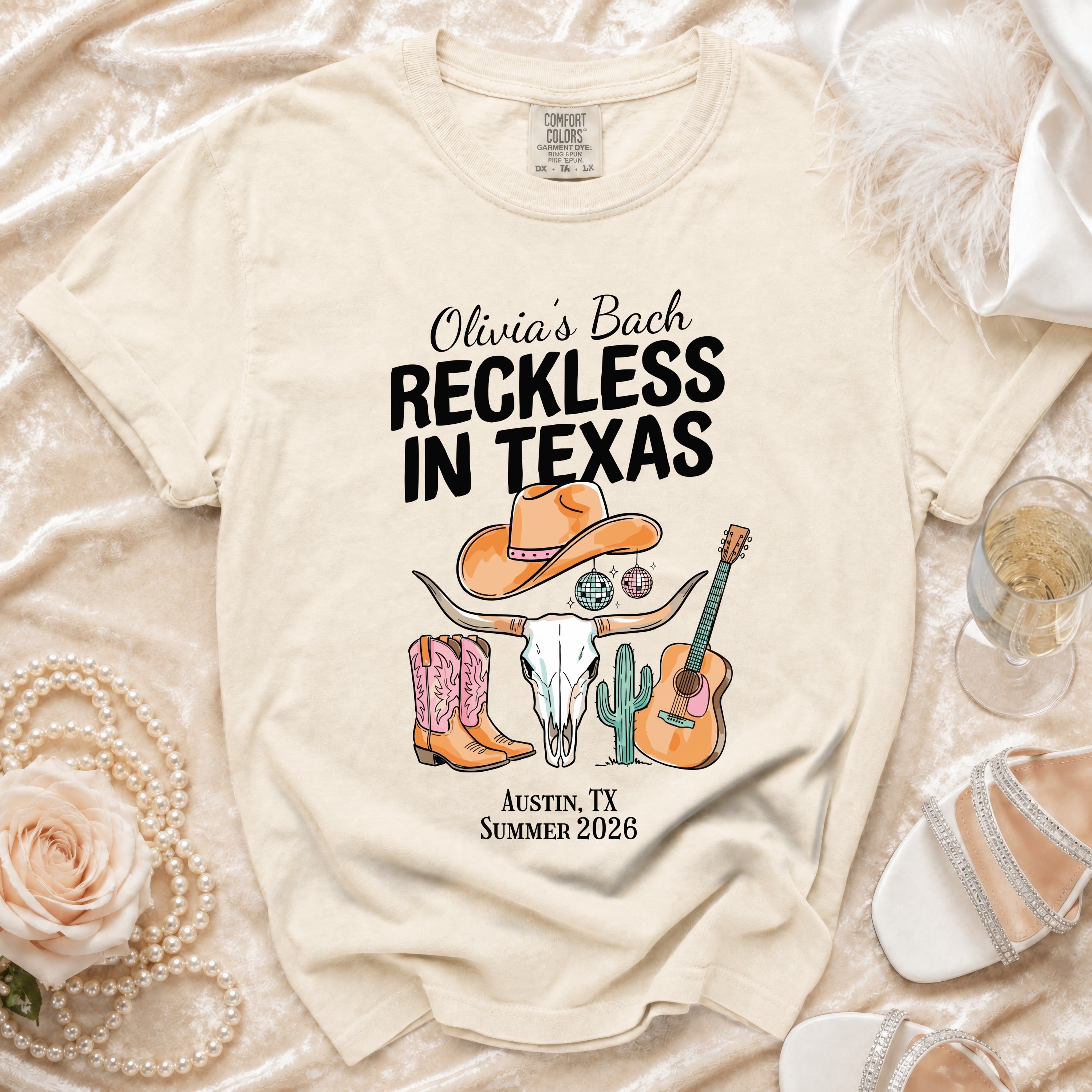 Comfort Colors shirt with "Olivia's Bach Reckless In Texas" graphic.